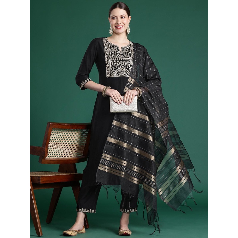 Indo Era Yoke Design Zari Liva Kurta With Trousers & Dupatta