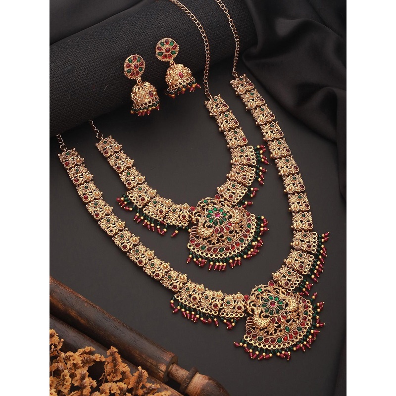 Jazz and Sizzle Gold-Plated Stones Studded & Beads Beaded Temple Necklace With Earrings