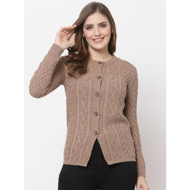 Kalt Women Coffee Brown Cable Knit Acrylic Cardigan
