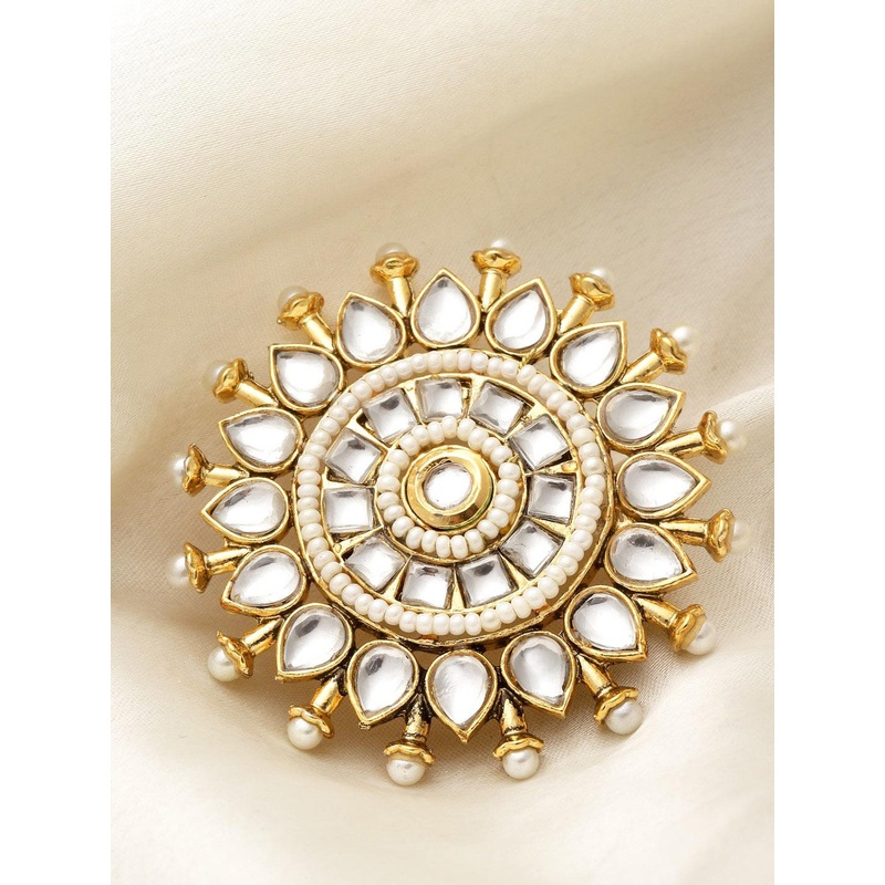 PANASH Gold-Plated Kundan-Solitaire Studded Pearl Beaded Finger Ring
