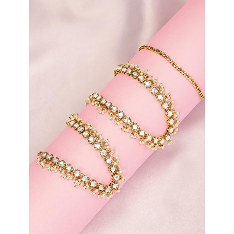 Peora Gold Plated White Kundan & Baby Pearl Studded Kamarband Belly Chain