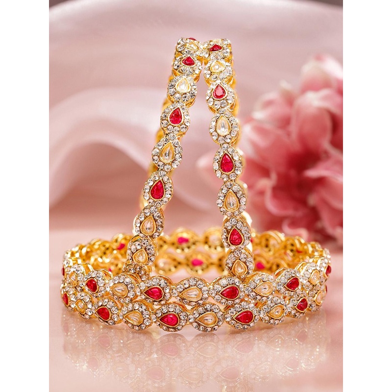 Rubans Set of 4 18K Mehandi Gold-Plated Ruby Pink & White Kundan Studded Designer Bangles