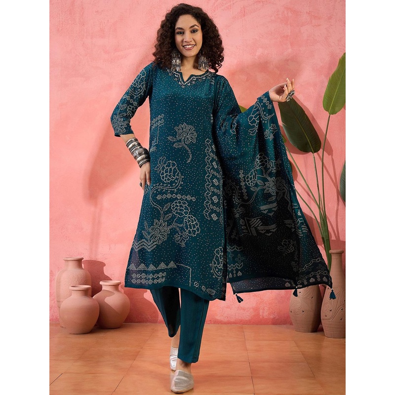 Sangria Bandhani Printed Notch Neck Straight Kurta With Trouser And Dupatta