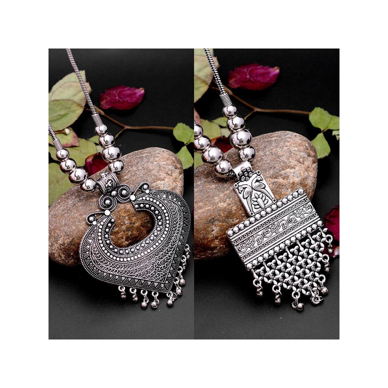 Sangria Set Of 2 Oxidized Samosa & Big Pan Necklace