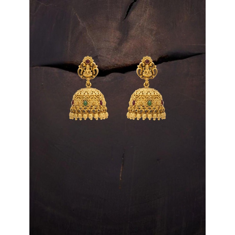 South Temple Jewellery Gold-Plated Artificial Stones Studded Dome Shaped Antique Jhumkas
