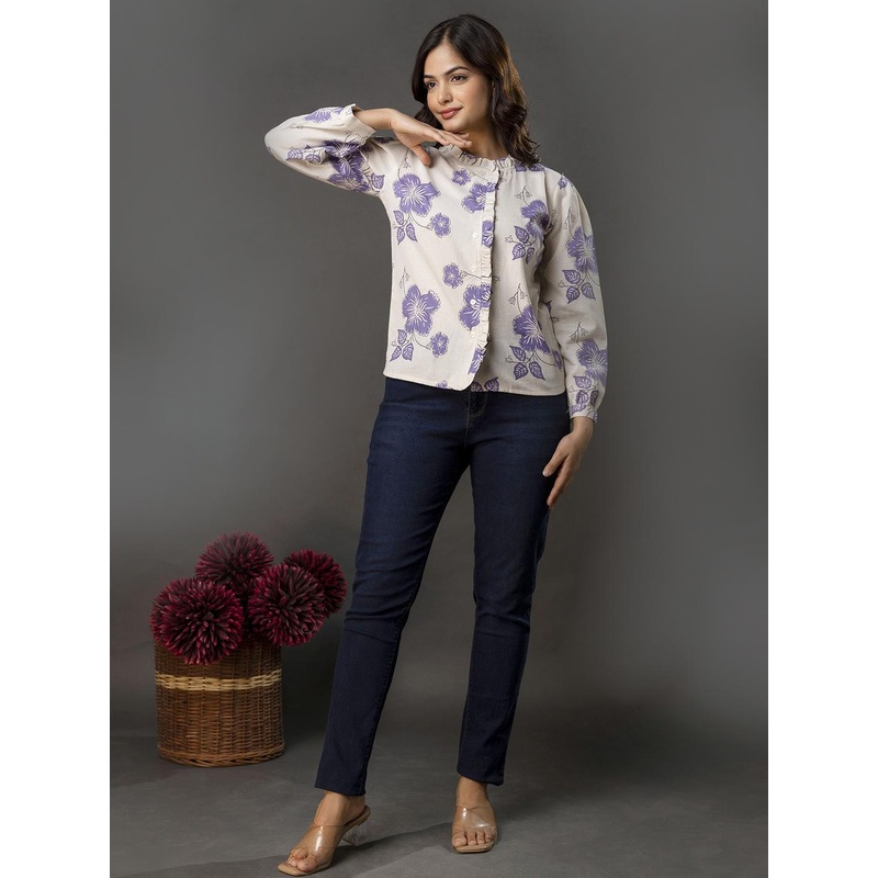 SZN Women Off White Cotton Printed Tops