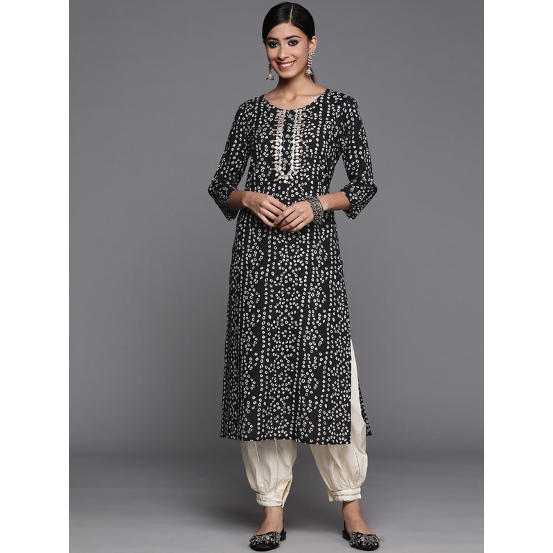 Varanga Black Bandhani Printed Round Neck Gotta Patti Pure Cotton Straight Kurta