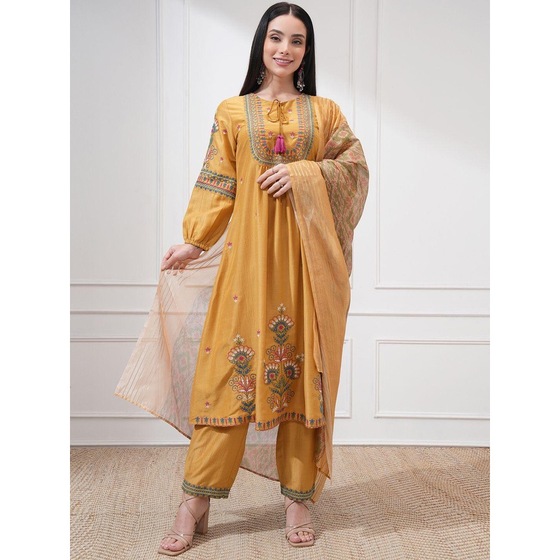 Vishudh Floral Embroidered Tie-Up Neck Thread Work A-line Kurta With Trouser And Dupatta