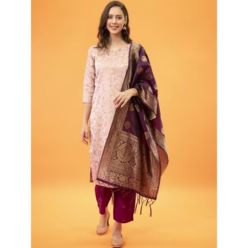 VredeVogel Women Floral Woven Design Zari Straight Kurta with Trousers & Dupatta