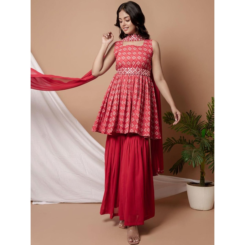 WEAVLLITE Bandhani Printed Pleated Square Neck Mirror Work Kurta with Sharara & Dupatta