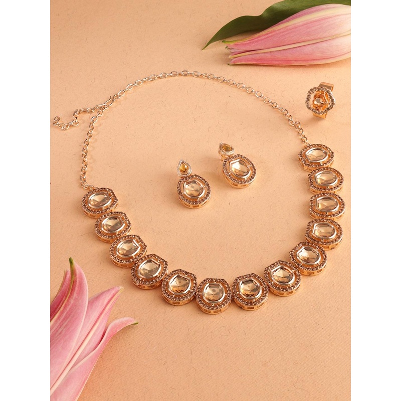 Zaveri Pearls Gold Plated Artificial Stones-Studded Necklace And Earrings With Finger Ring