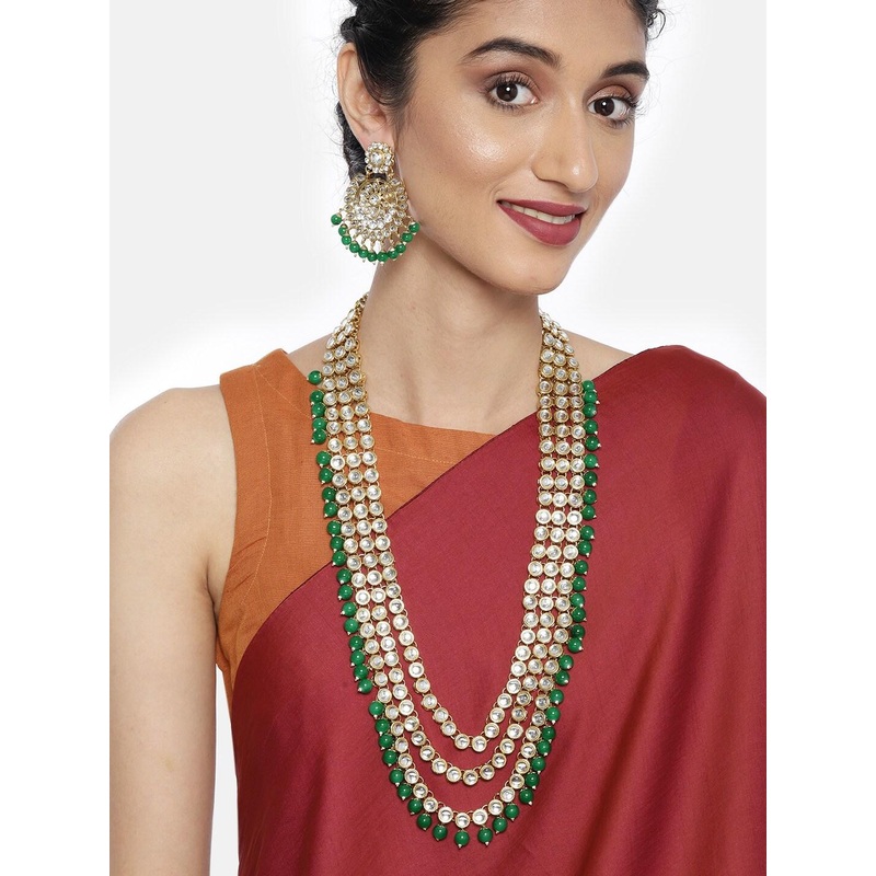 Zaveri Pearls Gold-Plated & Green Kundan Beaded Layered Jewellery Set
