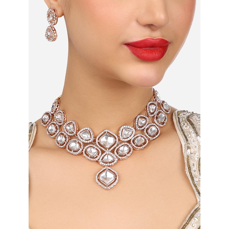 Zaveri Pearls Rose Gold Plated Austrian Diamonds Studded Jewellery Set