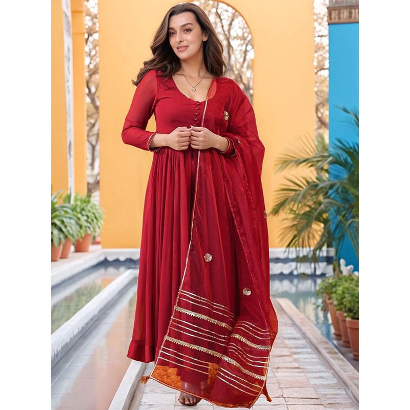 Aaghnya Round Neck Anarkali Kurta with Trouser & Dupatta