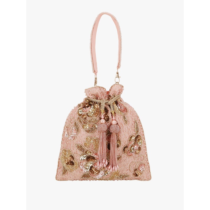 Anekaant Pink & Gold-Toned Embellished Tasselled Potli Clutch