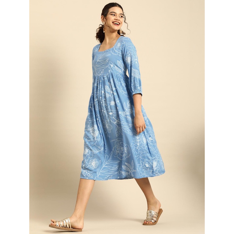 Anouk Blue & White Floral Square neck Fit N Flare Dress