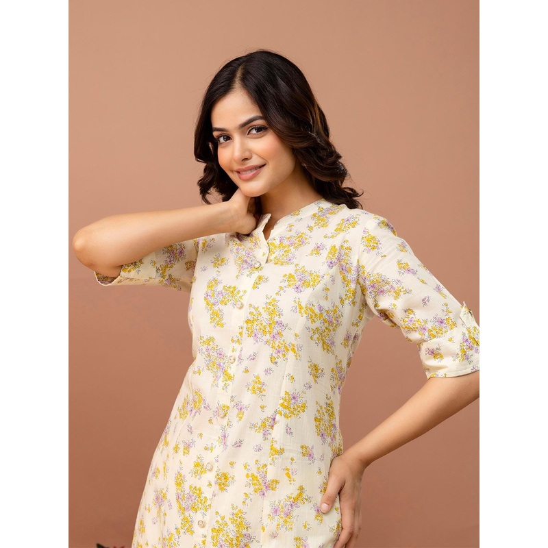 Anouk Rustic Floral Printed Mandarin Collar Pure Cotton A-Line Kurta With Palazzos