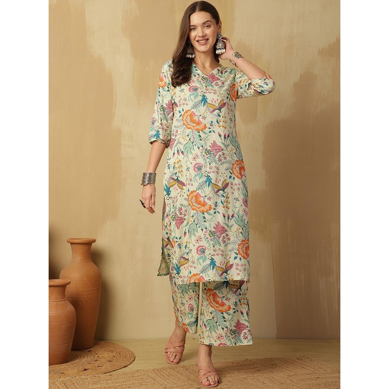 Anouk Yellow Floral printed V-Neck Pure Cotton Kurta With Palazzos