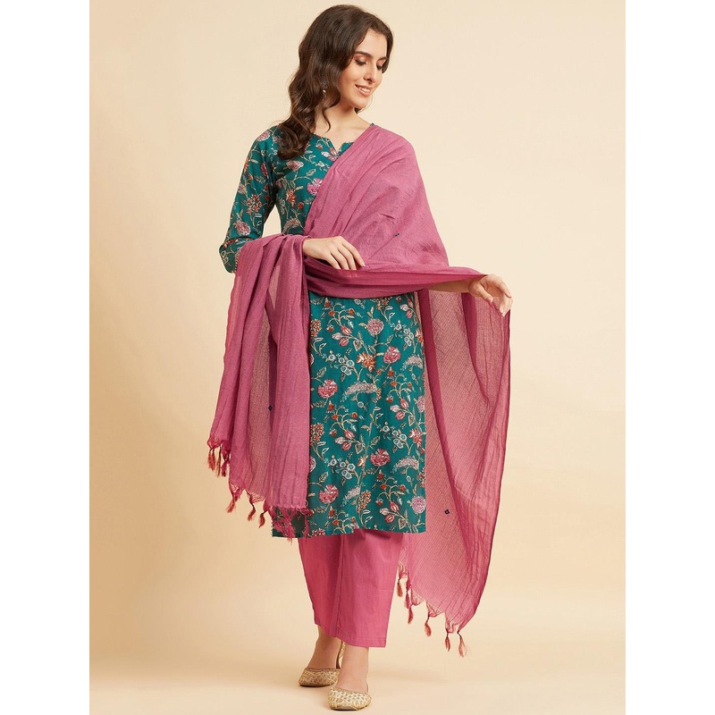 Azira Ethnic Motifs Printed Regular Gotta Patti Pure Cotton Kurta With Trousers & Dupatta