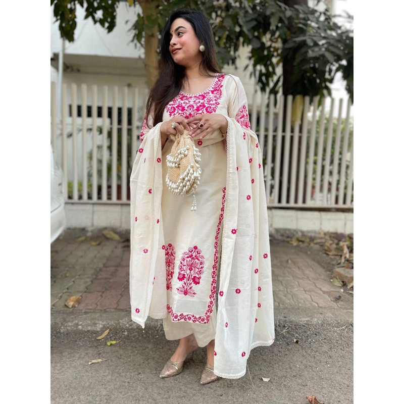 DIVASTRI Floral Embroidered Round Neck Straight Kurta with Trousers & Dupatta