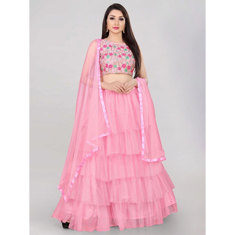 DIVASTRI Floral Embroidered Thread Work Semi-Stitched Lehenga Choli