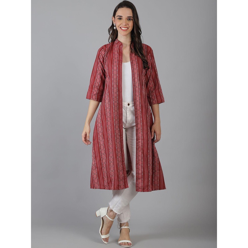 Enchanted Drapes Printed Mandarin Collar Open Front Pure Cotton Longline Shrug