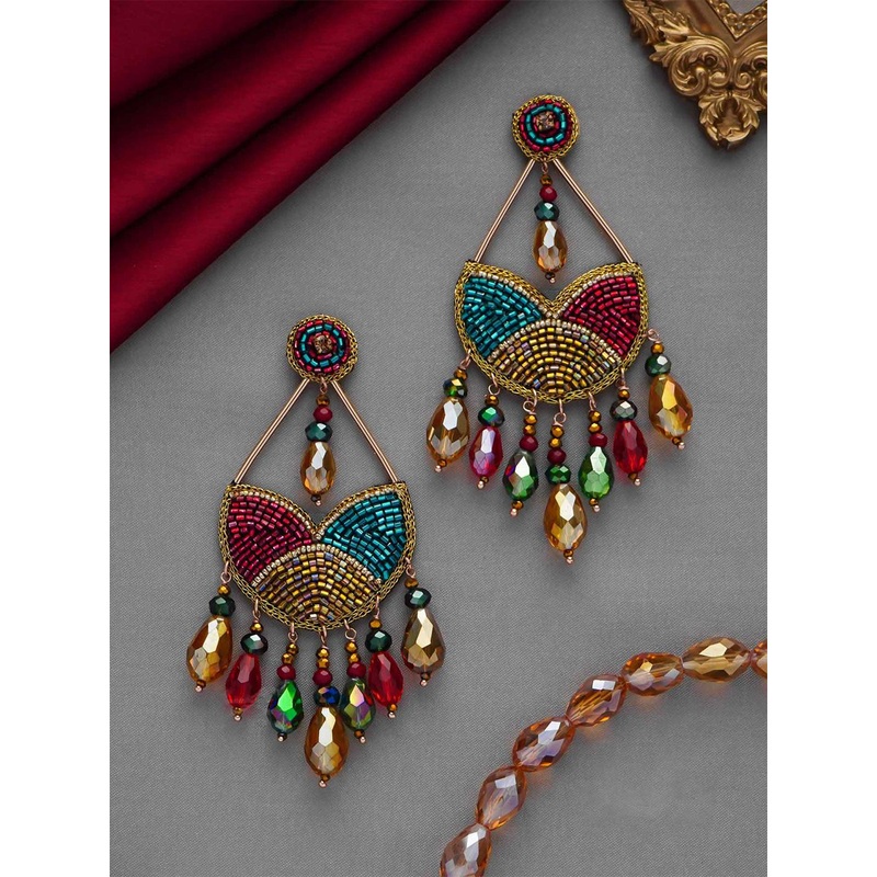 EVERSTYLISH Artificial Stones Studded & Beaded TearDrop Earrings