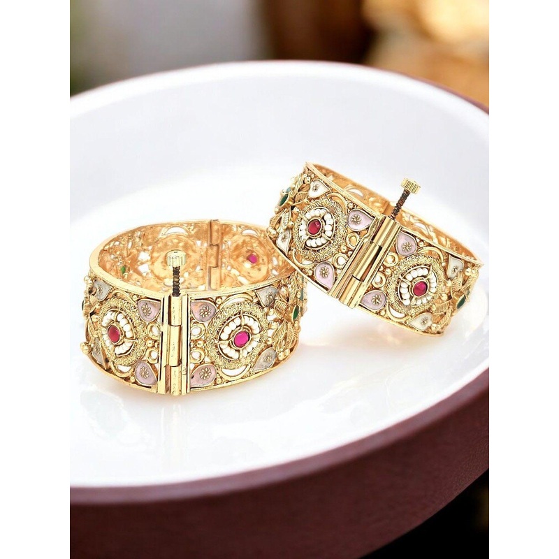 FEMMIBELLA Set Of 2 Gold-Plated Stone Studded Meenakari Kada Bangles