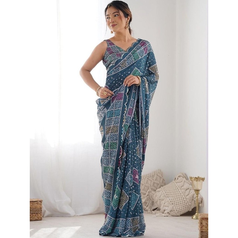 HERE&NOW Bandhani Printed Sequinned Saree With Unstiched Blouse Piece