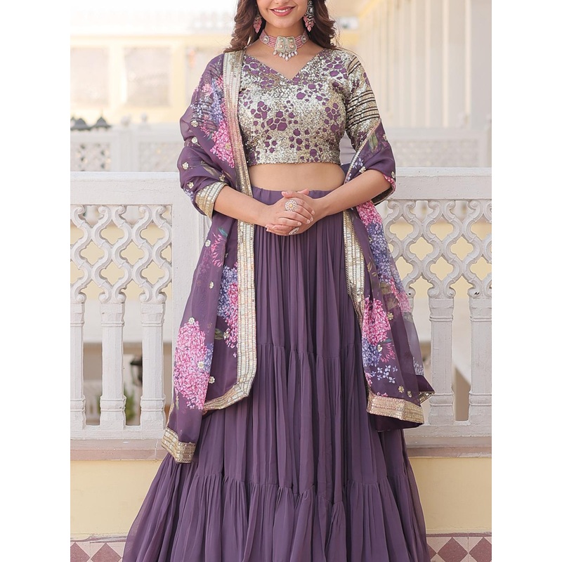 KALINI Embroidered Beads and Stones Semi-Stitched Lehenga & Unstitched Blouse With Dupatta