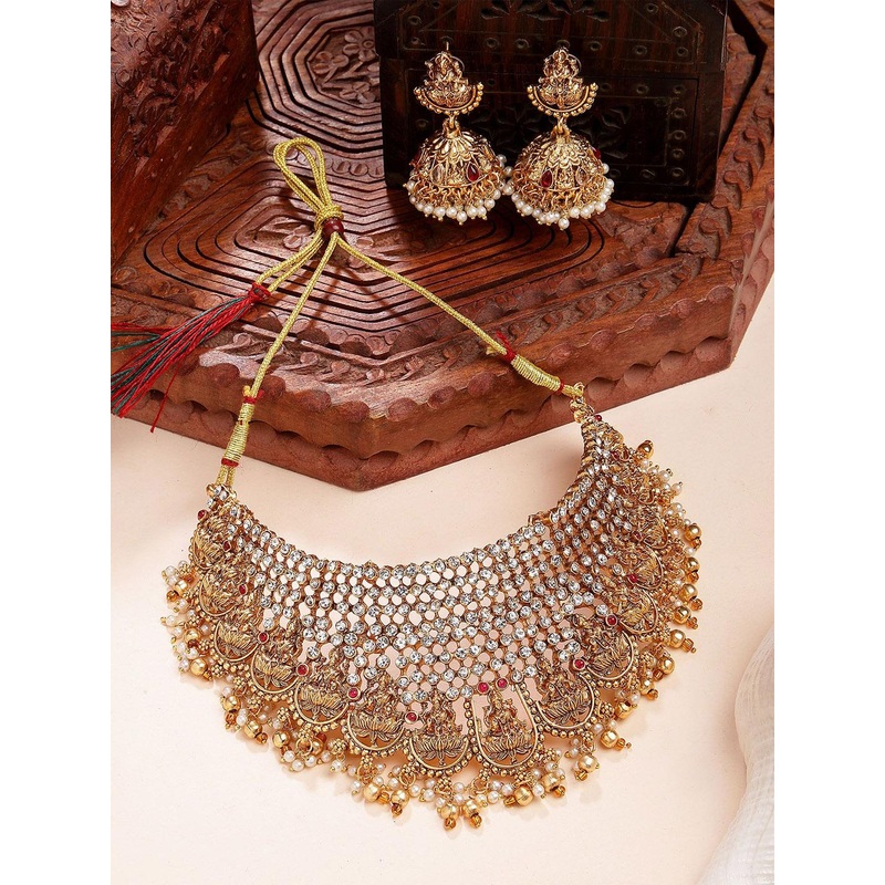 KARATCART Gold-Plated Stones Studded & Beaded Laxmi Mata Choker Temple Jewellery Set