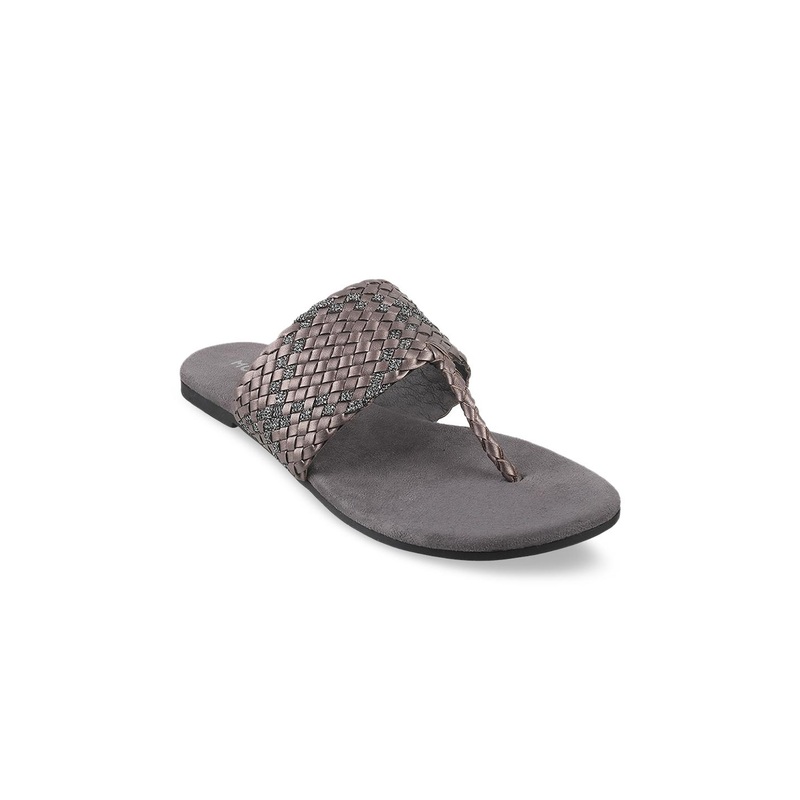 Mochi Women Grey Woven Design T-Strap Flats