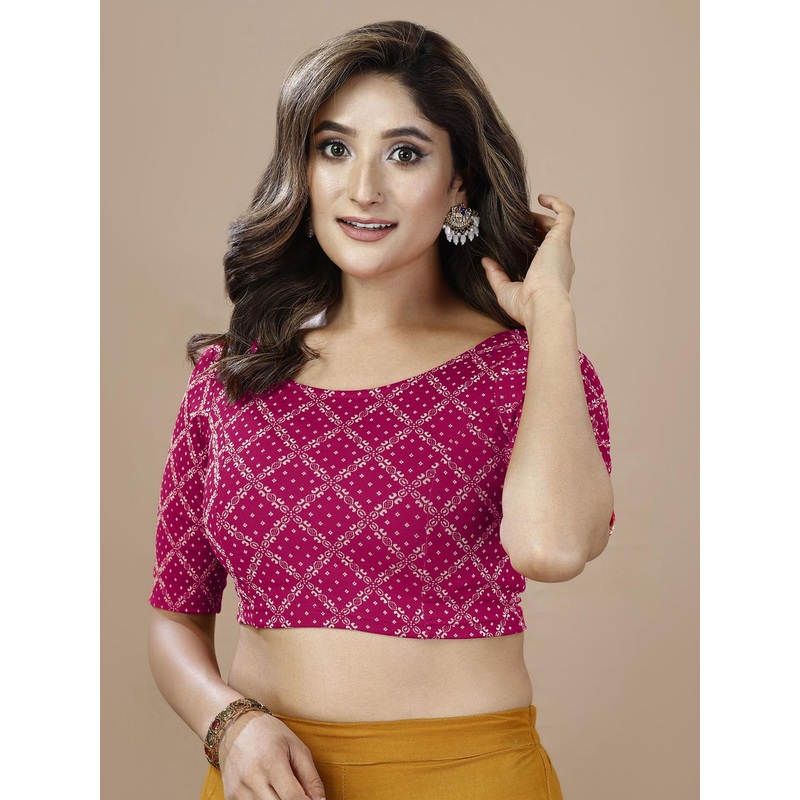 Oomph! Printed Non Padded Round Neck Saree Blouse