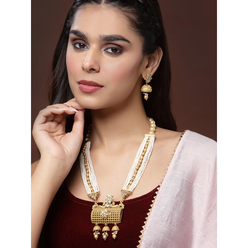 PANASH Gold-Plated Kundan-Studded & Pearl Beaded Jewellery Set