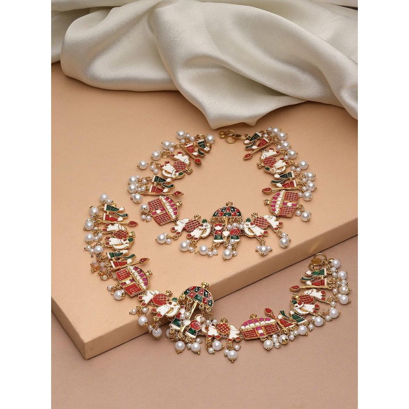 PANASH Set Of 2 Gold-Plated Stones-Studded & Pearls Beaded Anklets