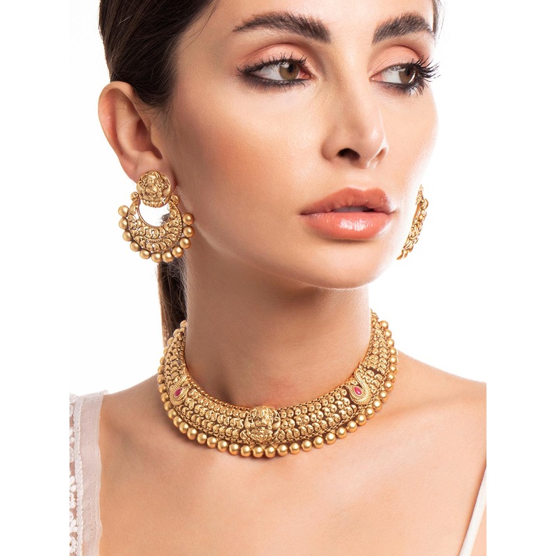 Rubans 24K Gold-Plated Matte Finish Temple Jewelry Set with Lakshmi Motif & Beaded Details