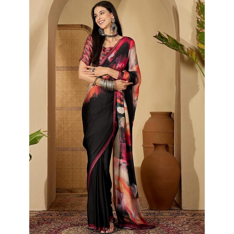 Sangria Black Satin Printed Sarees
