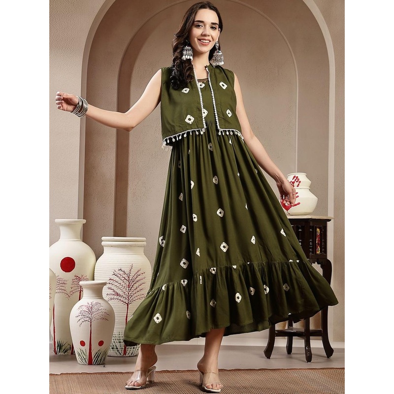 Sangria Ethnic Motifs Print Fit & Flare Dress With Jacket