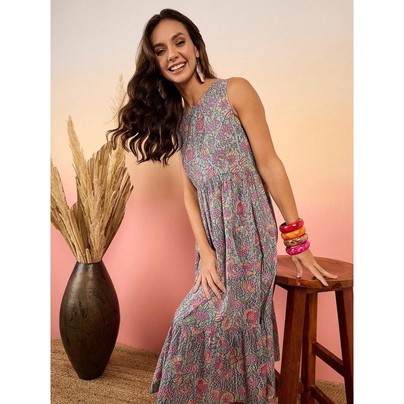 Sangria Floral Kantha Jaal Printed Flounce Cotton A-Line Dresses