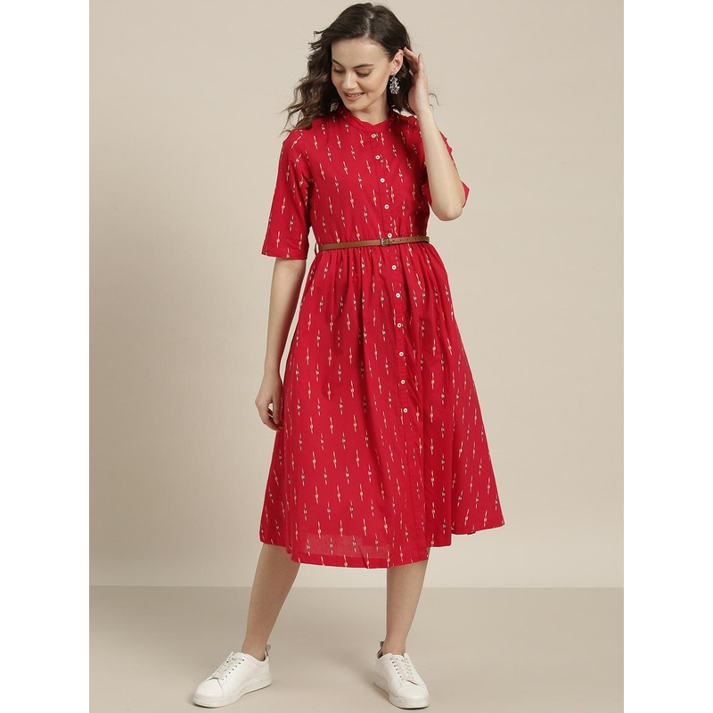 Sangria Red & White Geometric Printed Cotton A-Line Dress