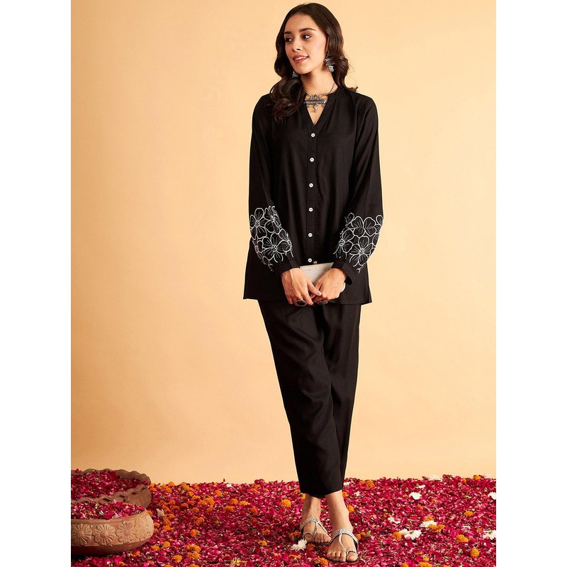 Shae by SASSAFRAS Floral Embroidered Shirt-Collar Shirt & Trousers
