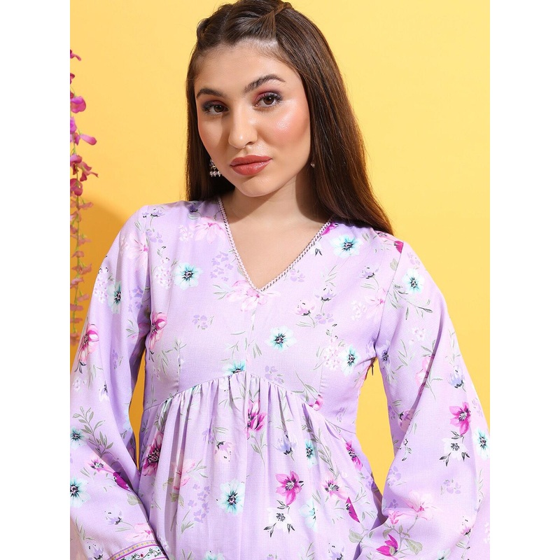 Vishudh Floral Printed V-Neck Flared Sleeves A-Line Kurta