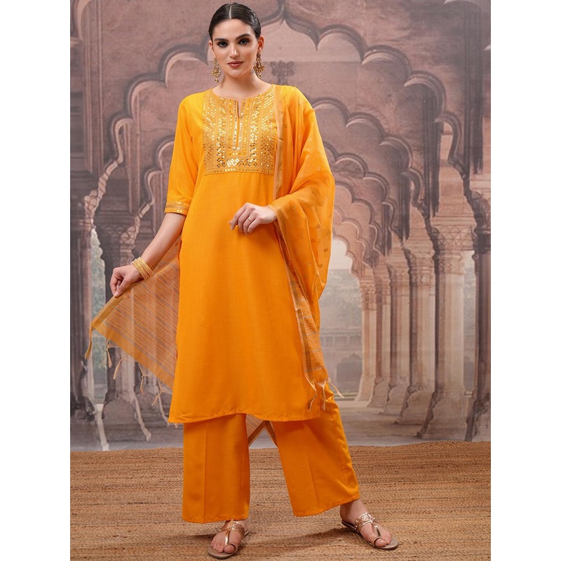 Vishudh Yellow Floral Embroidered Mirror Work Straight Kurta with Palazzo & Dupatta