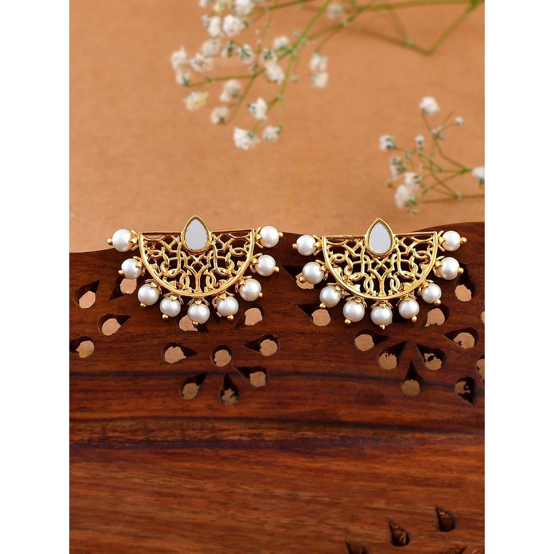 Voylla Nazakat Pur Kashish Gold-Plated Beaded & Mirror Work Contemporary Stud Earrings