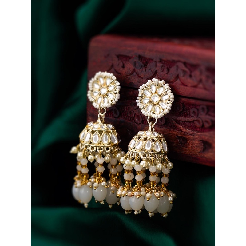 aadita Gold-Plated Stone-Studded & Beaded Contemporary Jhumkas