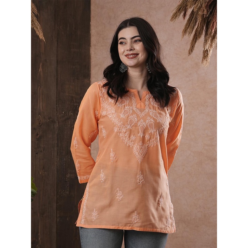 ADA Women Peach-Coloured & White Chikankari Hand Embroidered Pure Cotton Semi-Sheer Straight  Handloom Kurti