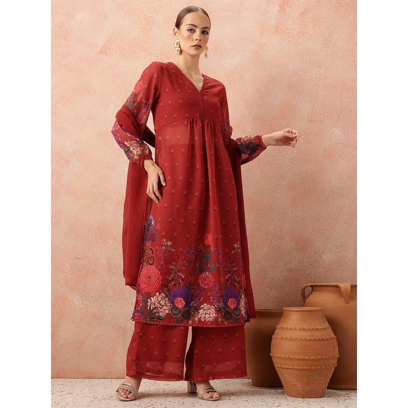 all about you Women Floral Printed Pleated Kurta with Trousers & Dupatta
