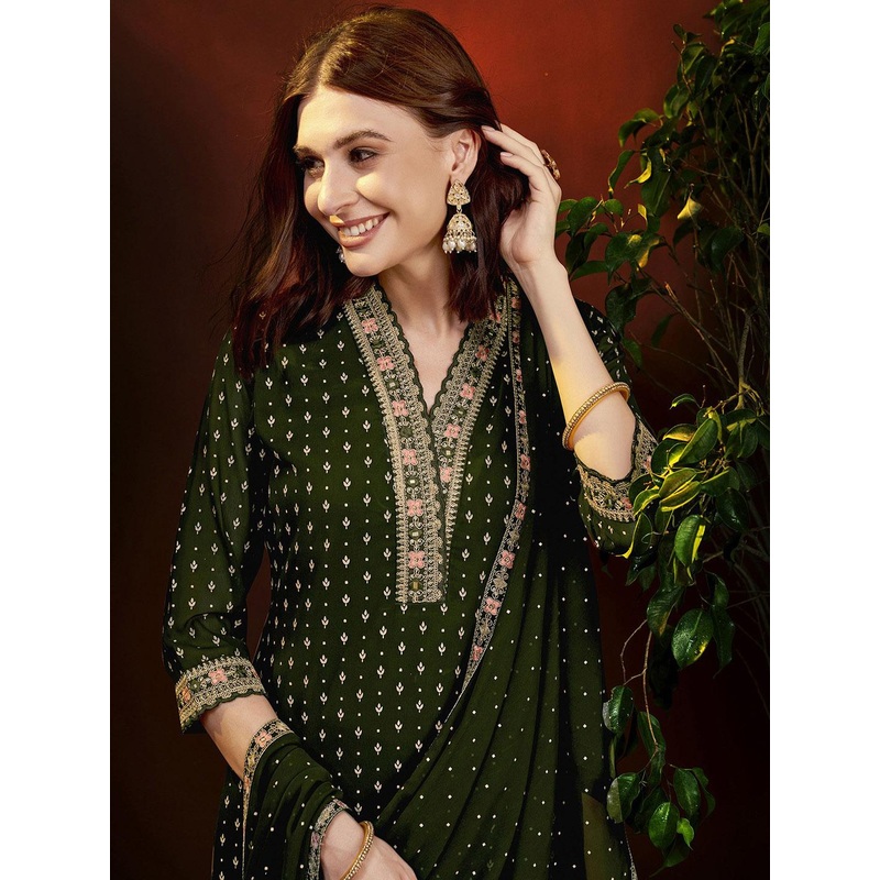 Anouk BOTTLE GREEN Floral Embroidered Thread Work Straight Kurta with Trousers & Dupatta