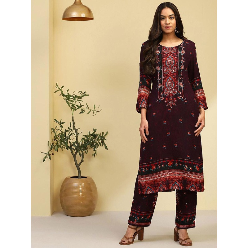 Biba Ethnic Motifs Printed Regular Thread Work Straight Kurta with Palazzos