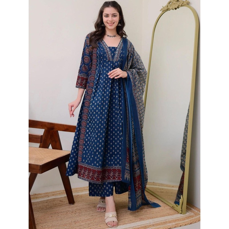 GoSriKi Women Ethnic Motifs Printed V-Neck Anarkali Kurta with Palazzos & Dupatta